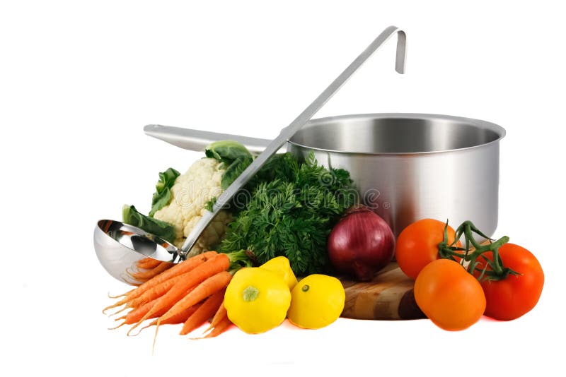 Soup pot, ladle and fresh vegetables