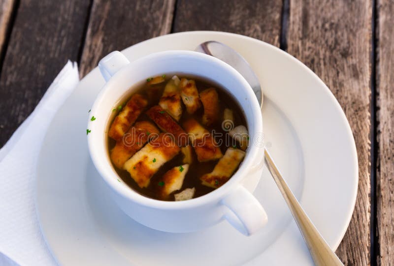 Soup with veal and pasta stock photos
