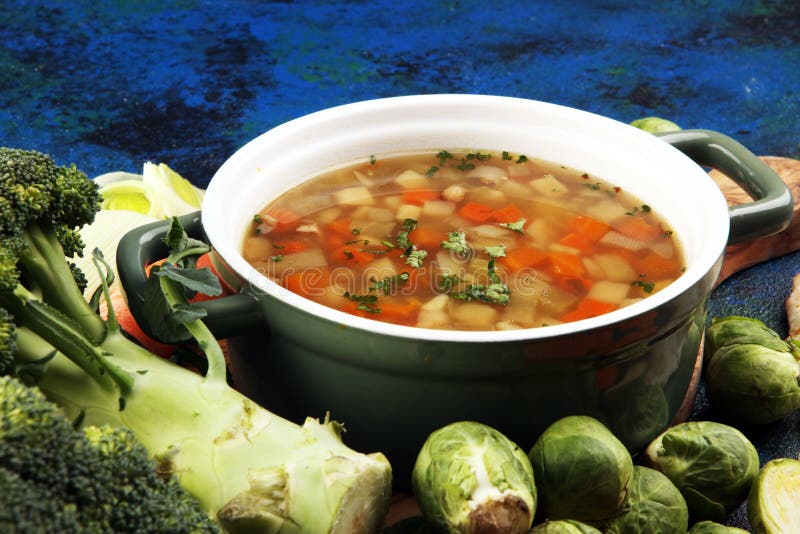 Soup, Vegetable Soup, Bowl. Traditional Hot Veggie Soup Stock Photo