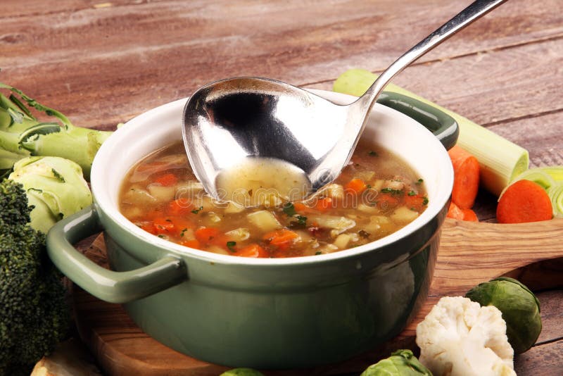 Soup, Vegetable Soup, Bowl. Traditional Hot Veggie Soup Stock Image