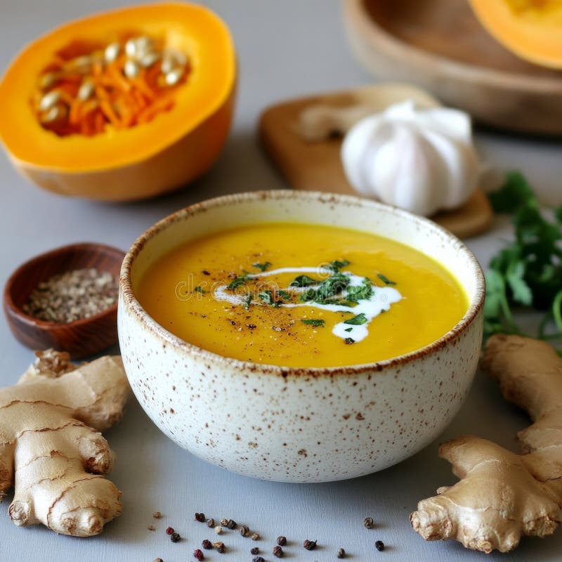 Soupe crémeuse de citrouille garnie d'herbes poivre de gingembre et tourbillon à la crème dans un bol rustique image libre de droits