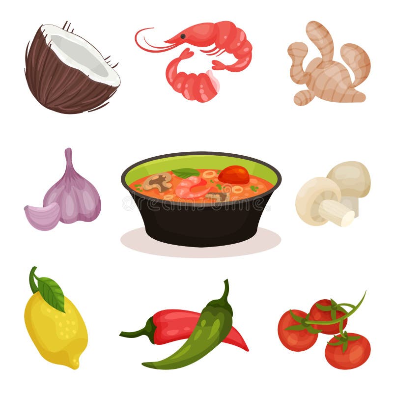 Soupe épicée à Tom Yam Kung avec des ingrédients, illustration thaïlandaise de vecteur de cuisine sur un fond blanc illustration stock Soupe épicée à Tom Yam Kung avec des ingrédients, illustration thaïlandaise de vecteur de cuisine sur un fond blanc illustration stock
