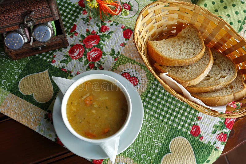 Sour bean soup and bread stock photo. Image of bread 112853268