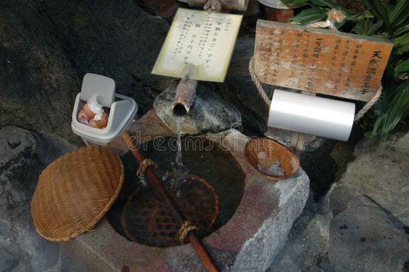 Eggs can be boiled in this basin of naturally heated water from a hot spring. Eggs can be boiled in this basin of naturally heated water from a hot spring.