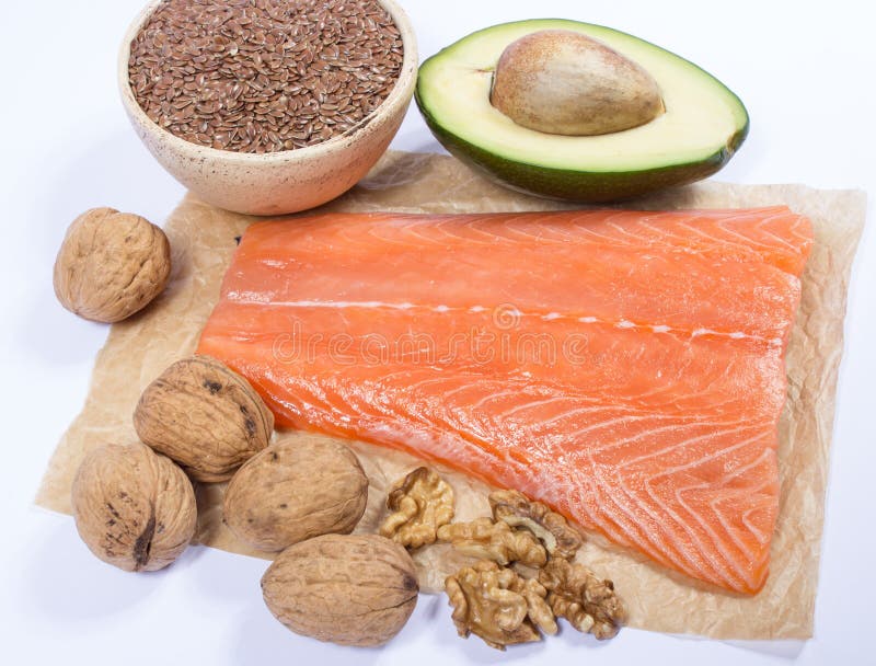 Sources of Omega 3 Fatty Acids Flaxseeds, Avocado, Salmon and Walnuts