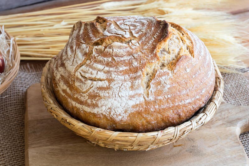 Sourdough bread in a basket on a table