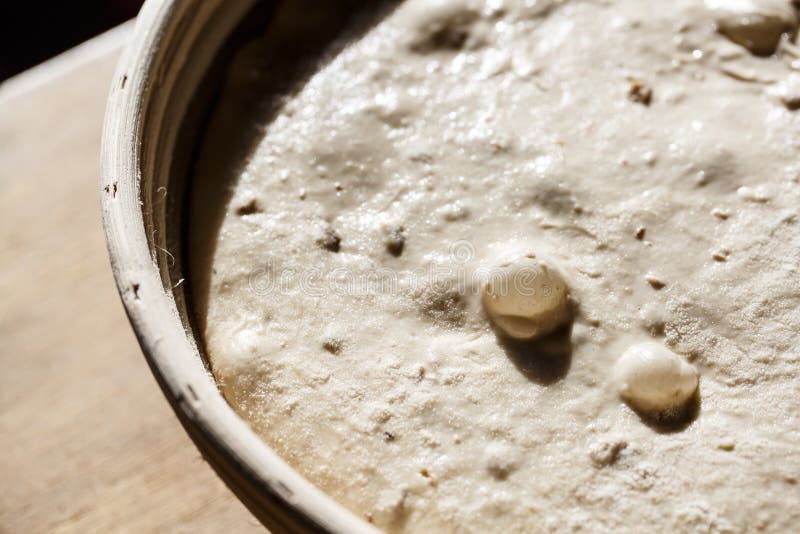Sourdough bread proofing in a basket with visible gas bubbles. Homemade baking stock photos