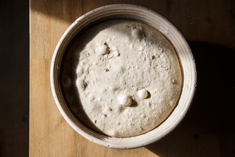 Sourdough bread proofing in a basket with visible gas bubbles. Homemade baking stock images