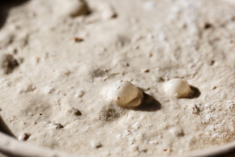 Sourdough bread proofing in a basket with visible gas bubbles. Homemade baking stock photo