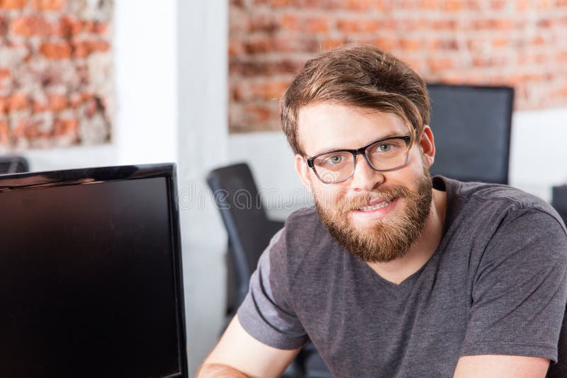 Man face sitting office smile, Casual businessman beard glasses. Man face sitting office smile, Casual businessman beard glasses