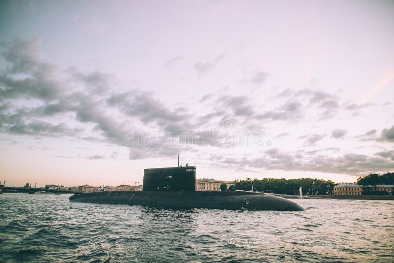 Nuclear war submarine moored in the city. Nuclear war submarine moored in the city.