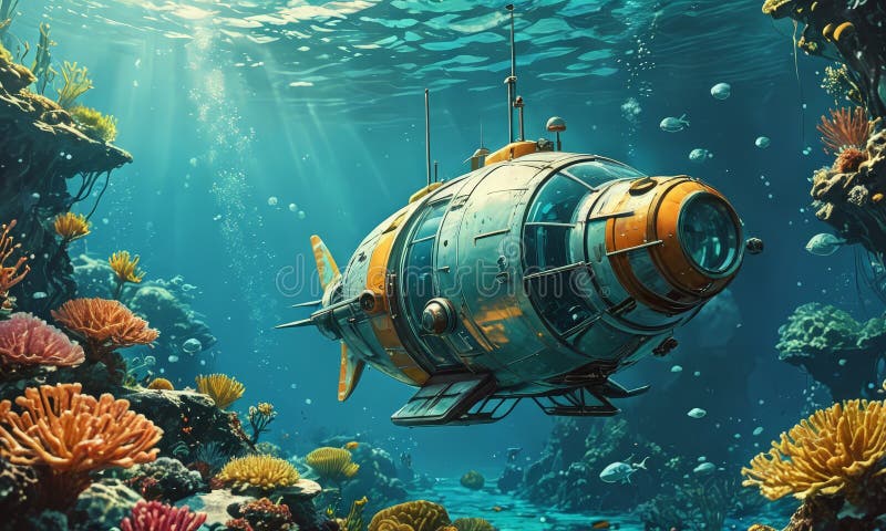 Sous-marin flottant dans l'océan. Montrant un réalisme remarquable et un sous-marin en profondeur flottant dans l'océan. en mettant l'accent sur la symétrie et l'équilibre. la beauté de la précision géométrique. avec un mélange de formes organiques et synthétiques.