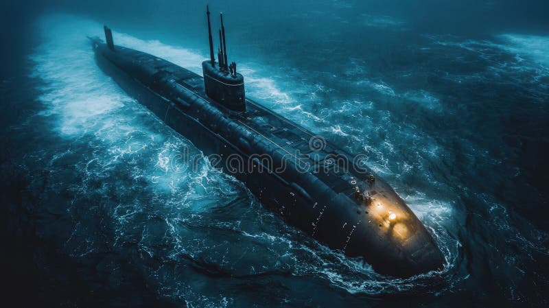 Sous-marin militaire moderne flottant à l'état de surface en mer vue aérienne d'un navire marin dans l'océan à la nuit thème du na illustration libre de droits