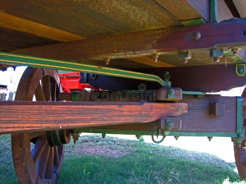 Sous-sol d'un ancien wagon à boeuf pionnier en bois restauré, avec essieu. images stock