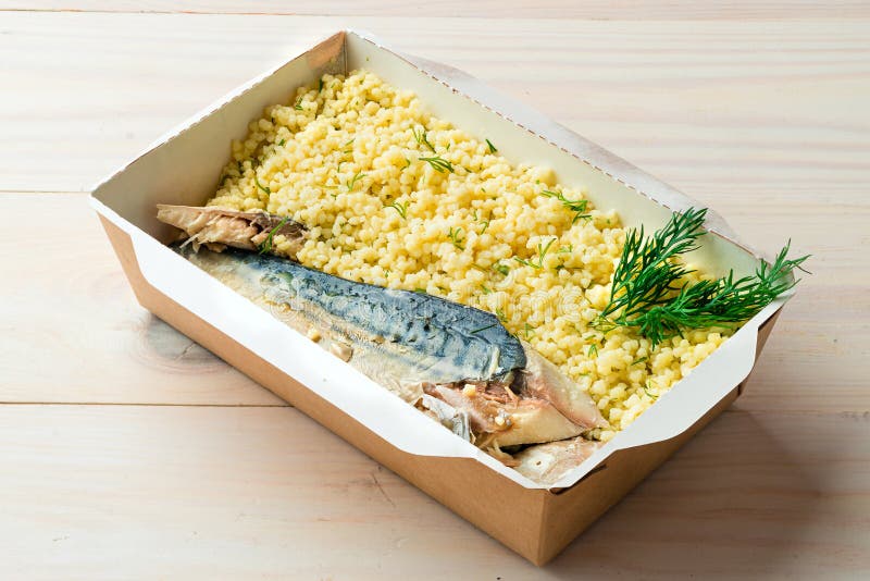 Sous Vide Mackerel Fish and Couscous in a Takeaway Box Stock Image