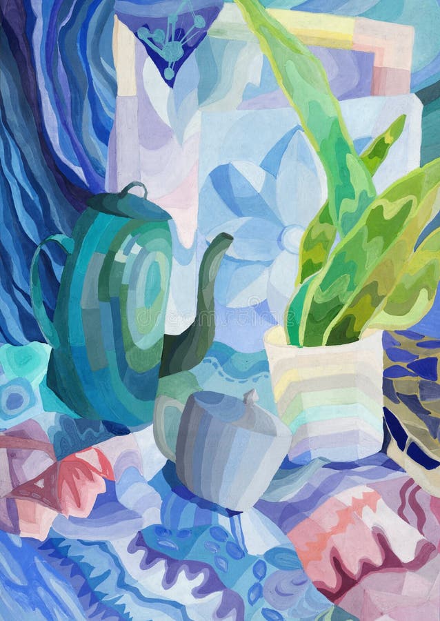 Soustrayez la vie immobile avec des objets de vie quotidienne dans des couleurs froides, peignant illustration libre de droits Soustrayez la vie immobile avec des objets de vie quotidienne dans des couleurs froides, peignant illustration libre de droits