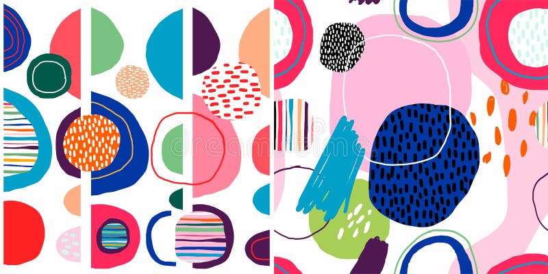 Soustrayez les modèles sans couture à la mode réglés avec des formes colorées tirées par la main illustration stock Soustrayez les modèles sans couture à la mode réglés avec des formes colorées tirées par la main illustration stock