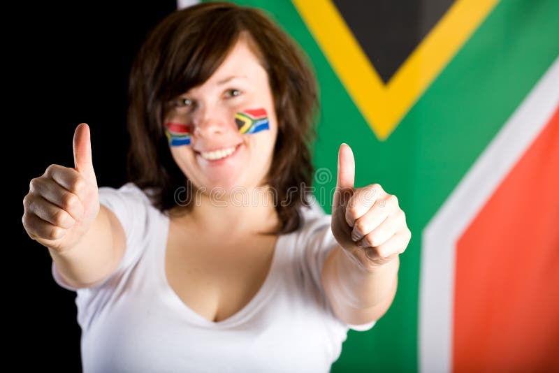 South africa fan, thumbs up, flag as background