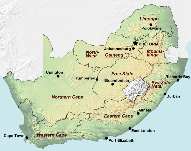 Mapu Jižní Afriky s stínovaný reliéf a hypsometric odstíny, které zahrnuje velkých městech a na hranicích provincií.