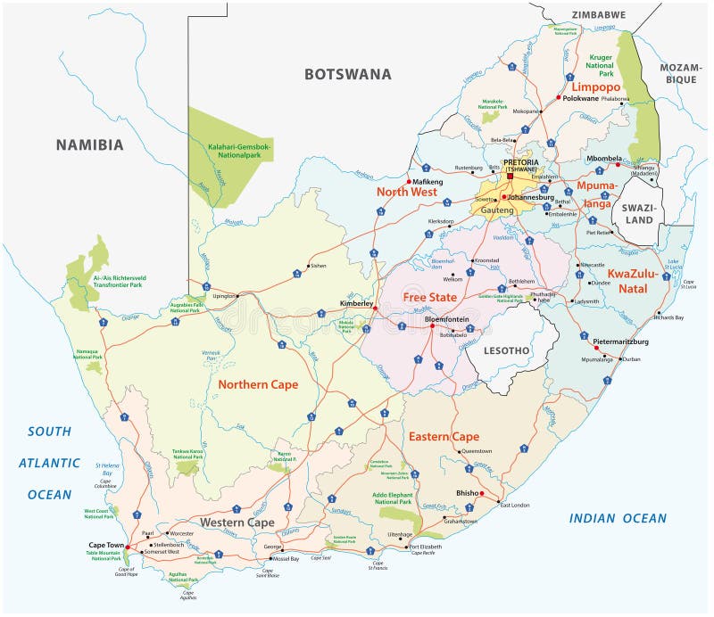 South africa road, administrative and political vector map stock illustration South africa road, administrative and political vector map stock illustration