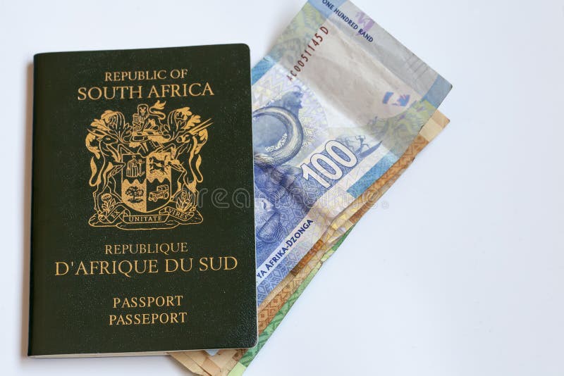 South African Passport with Currency Notes stock images South African Passport with Currency Notes stock images