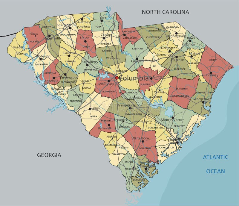 South Carolina - Detailed Editable Political Map with Labeling. Stock
