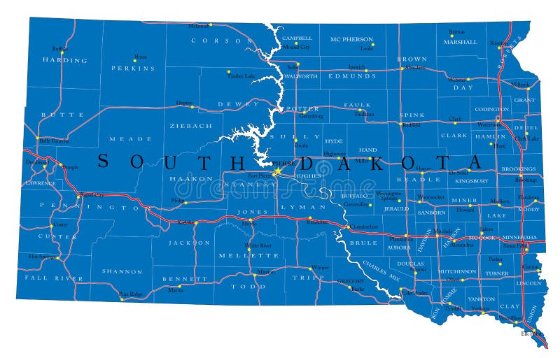 Detailed map of South Dakota state,in vector format,with county borders,roads and major cities. Detailed map of South Dakota state,in vector format,with county borders,roads and major cities