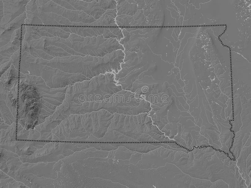 South Dakota, state of United States of America. Bilevel elevation map with lakes and rivers. South Dakota, state of United States of America. Bilevel elevation map with lakes and rivers