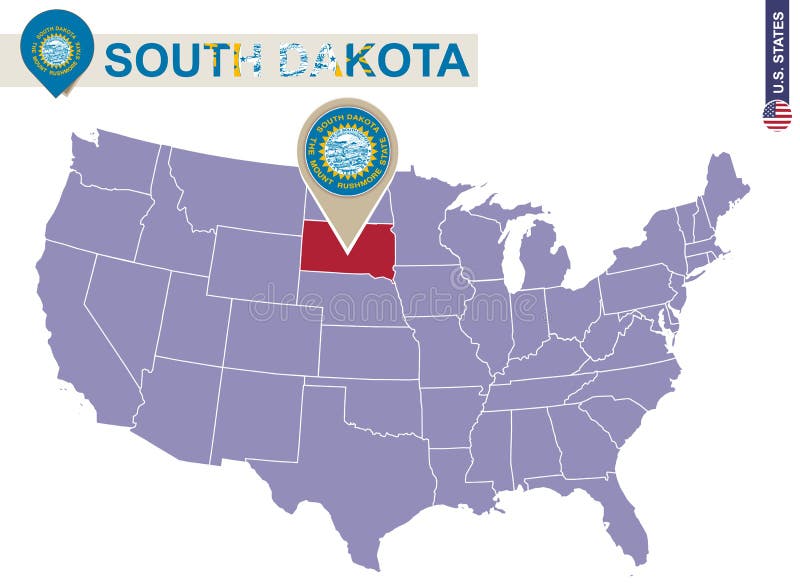 South Dakota State on USA Map. South Dakota flag and map. US States