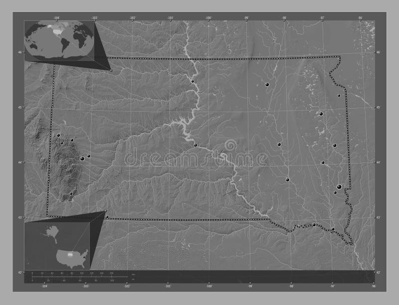 South Dakota, state of United States of America. Bilevel elevation map with lakes and rivers. Locations of major cities of the region. Corner auxiliary location maps. South Dakota, state of United States of America. Bilevel elevation map with lakes and rivers. Locations of major cities of the region. Corner auxiliary location maps