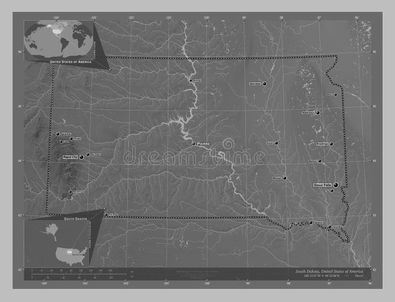 South Dakota, state of United States of America. Grayscale elevation map with lakes and rivers. Locations and names of major cities of the region. Corner auxiliary location maps. South Dakota, state of United States of America. Grayscale elevation map with lakes and rivers. Locations and names of major cities of the region. Corner auxiliary location maps