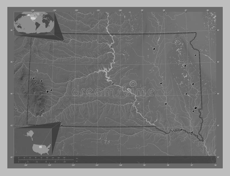 South Dakota, state of United States of America. Grayscale elevation map with lakes and rivers. Locations of major cities of the region. Corner auxiliary location maps. South Dakota, state of United States of America. Grayscale elevation map with lakes and rivers. Locations of major cities of the region. Corner auxiliary location maps