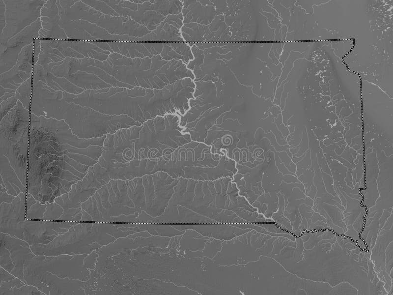 South Dakota, state of United States of America. Grayscale elevation map with lakes and rivers. South Dakota, state of United States of America. Grayscale elevation map with lakes and rivers
