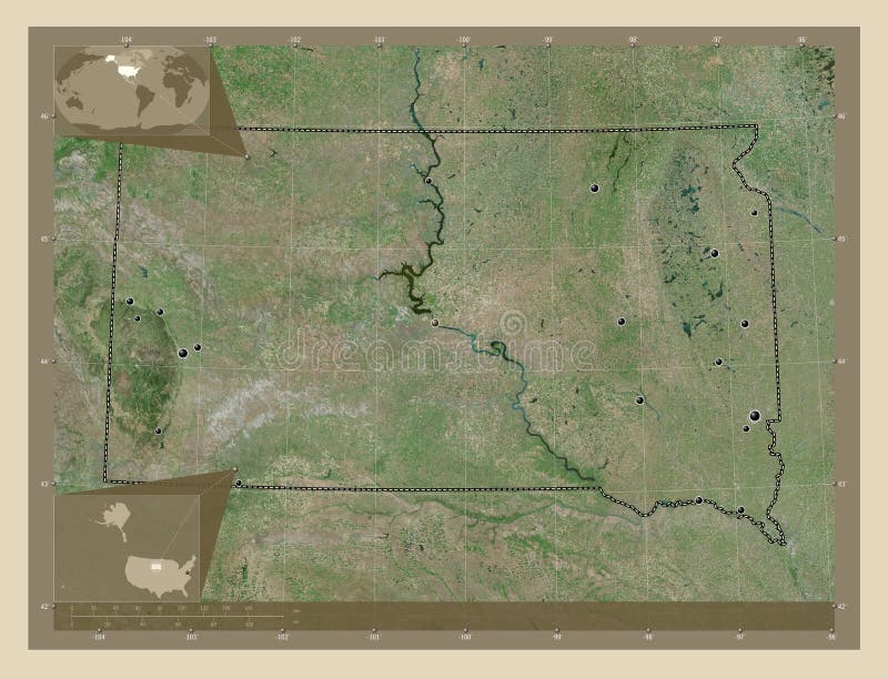 South Dakota, state of United States of America. High resolution satellite map. Locations of major cities of the region. Corner auxiliary location maps. South Dakota, state of United States of America. High resolution satellite map. Locations of major cities of the region. Corner auxiliary location maps