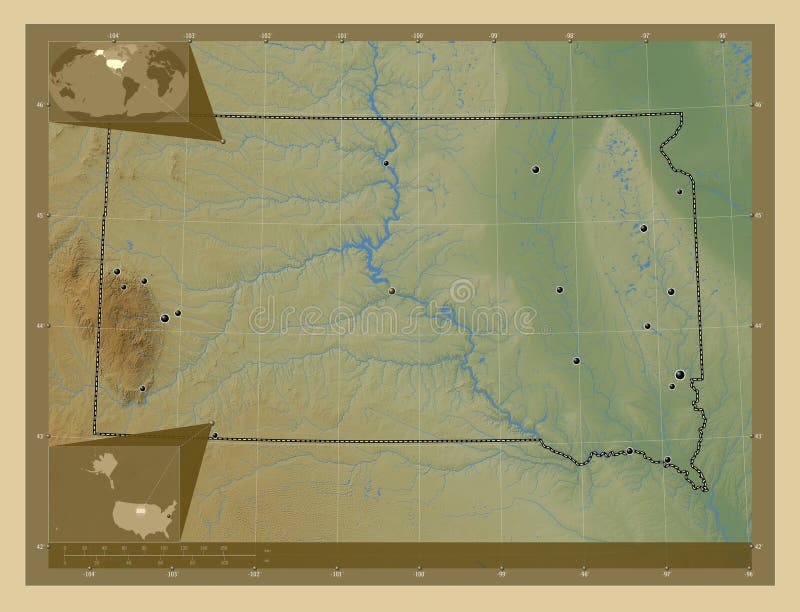 South Dakota, state of United States of America. Colored elevation map with lakes and rivers. Locations of major cities of the region. Corner auxiliary location maps. South Dakota, state of United States of America. Colored elevation map with lakes and rivers. Locations of major cities of the region. Corner auxiliary location maps