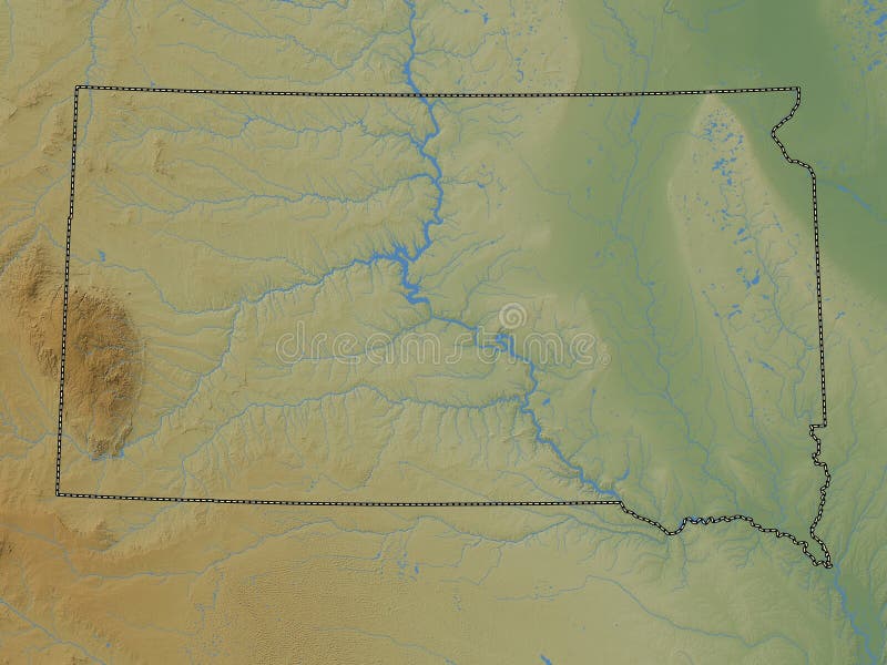 South Dakota, state of United States of America. Colored elevation map with lakes and rivers. South Dakota, state of United States of America. Colored elevation map with lakes and rivers