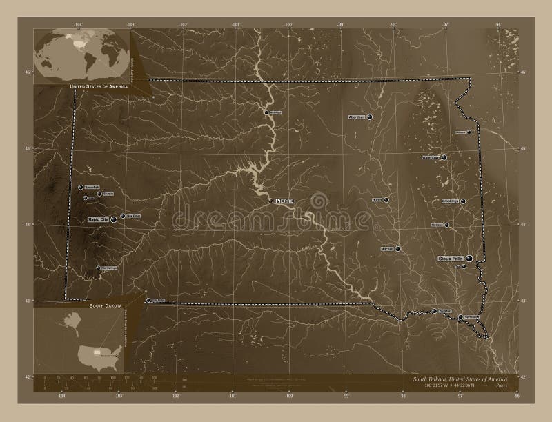 South Dakota, state of United States of America. Elevation map colored in sepia tones with lakes and rivers. Locations and names of major cities of the region. Corner auxiliary location maps. South Dakota, state of United States of America. Elevation map colored in sepia tones with lakes and rivers. Locations and names of major cities of the region. Corner auxiliary location maps