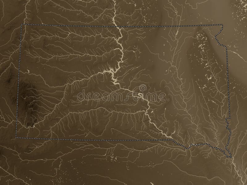 South Dakota, state of United States of America. Elevation map colored in sepia tones with lakes and rivers. South Dakota, state of United States of America. Elevation map colored in sepia tones with lakes and rivers