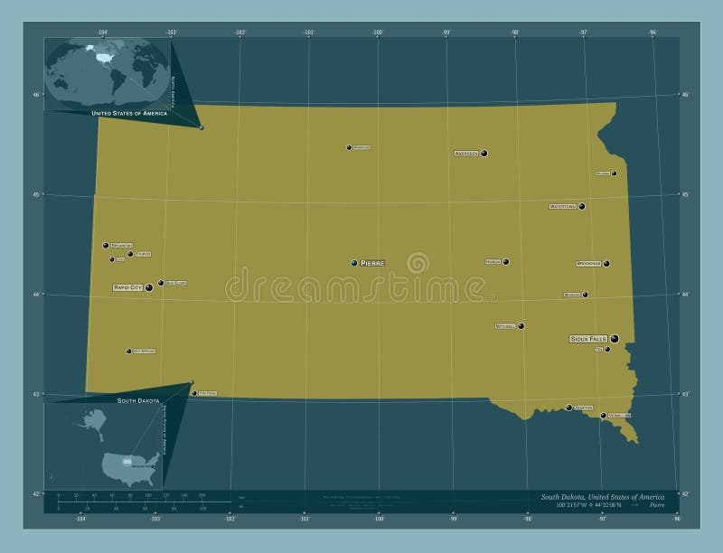 South Dakota, state of United States of America. Solid color shape. Locations and names of major cities of the region. Corner auxiliary location maps. South Dakota, state of United States of America. Solid color shape. Locations and names of major cities of the region. Corner auxiliary location maps