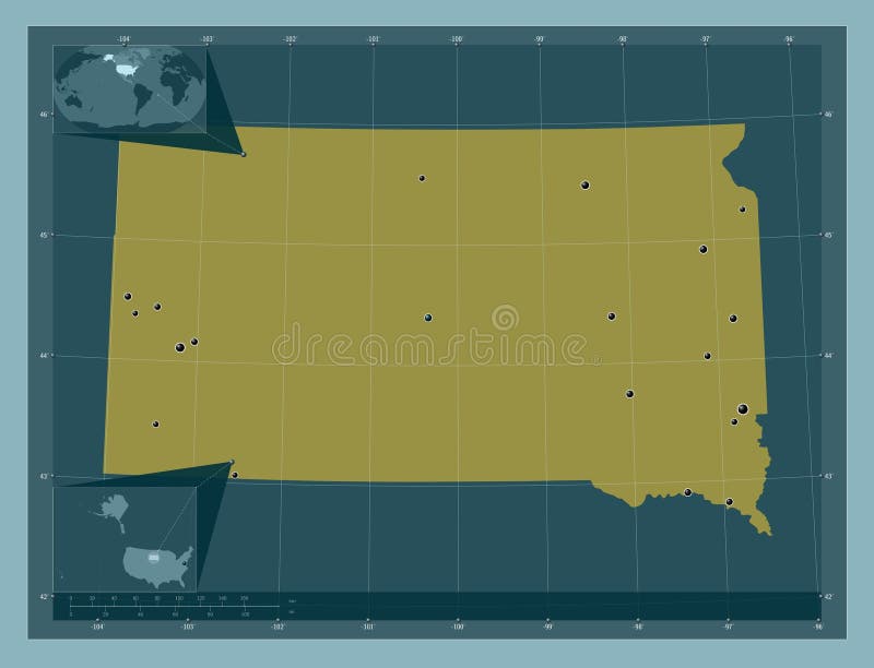 South Dakota, state of United States of America. Solid color shape. Locations of major cities of the region. Corner auxiliary location maps. South Dakota, state of United States of America. Solid color shape. Locations of major cities of the region. Corner auxiliary location maps