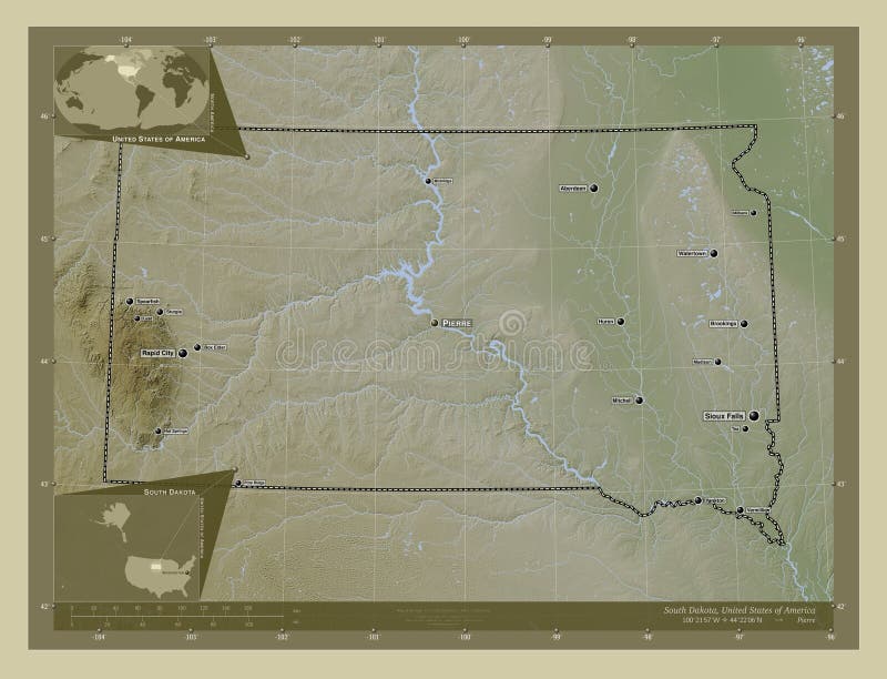 South Dakota, state of United States of America. Elevation map colored in wiki style with lakes and rivers. Locations and names of major cities of the region. Corner auxiliary location maps. South Dakota, state of United States of America. Elevation map colored in wiki style with lakes and rivers. Locations and names of major cities of the region. Corner auxiliary location maps