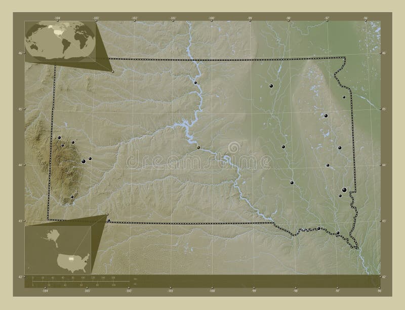 South Dakota, state of United States of America. Elevation map colored in wiki style with lakes and rivers. Locations of major cities of the region. Corner auxiliary location maps. South Dakota, state of United States of America. Elevation map colored in wiki style with lakes and rivers. Locations of major cities of the region. Corner auxiliary location maps