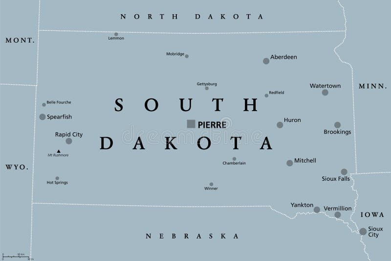 South Dakota, SD, gray political map, with capital Pierre, and largest city Sioux Falls. State in the upper Midwestern subregion of United States of America, nicknamed The Mount Rushmore State. Vector. South Dakota, SD, gray political map, with capital Pierre, and largest city Sioux Falls. State in the upper Midwestern subregion of United States of America, nicknamed The Mount Rushmore State. Vector