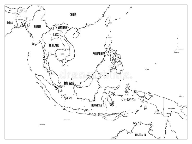 South East Asia Political Map. Black Outline on White Background with