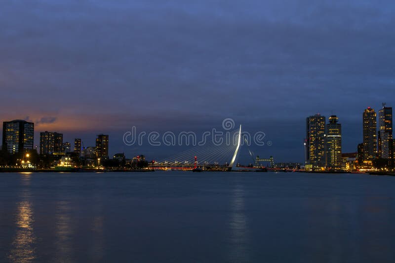 Netherlands. Rotterdam city center in the evening. Beautiful view of the city center of Rotterdam. Erasmus bridge over the Erasmu stock photography Netherlands. Rotterdam city center in the evening. Beautiful view of the city center of Rotterdam. Erasmus bridge over the Erasmu stock photography