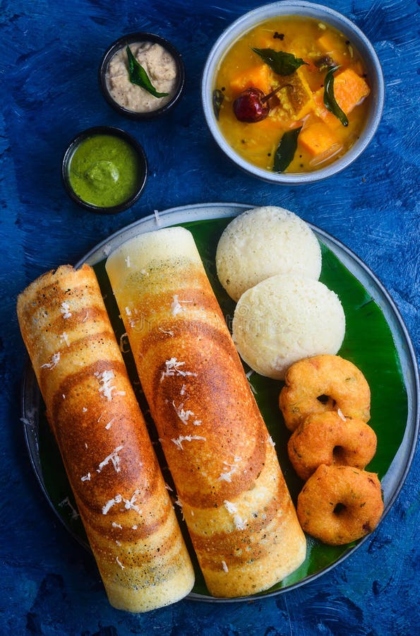 South Indian breakfast Idli dosa vada with chutney and sambhar