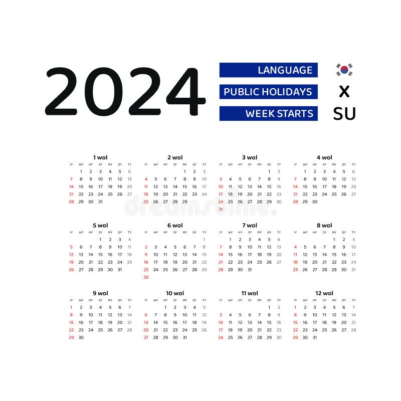 South Korea Calendar 2024. Week Starts from Sunday. Vector Graphic