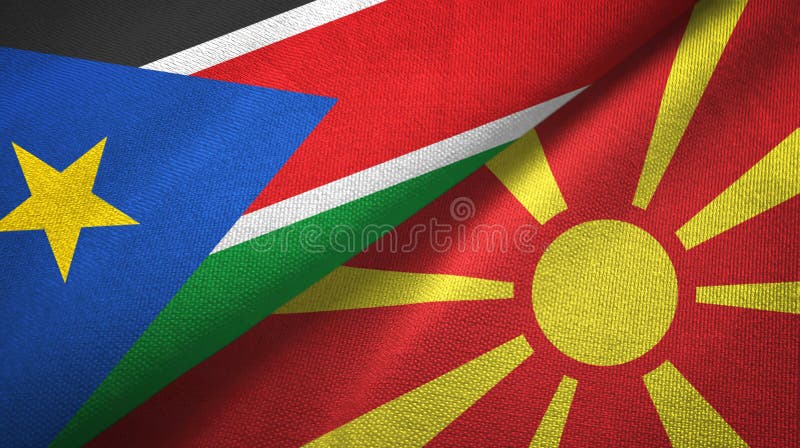 South Sudan and North Macedonia two flags textile cloth, fabric texture stock images South Sudan and North Macedonia two flags textile cloth, fabric texture stock images
