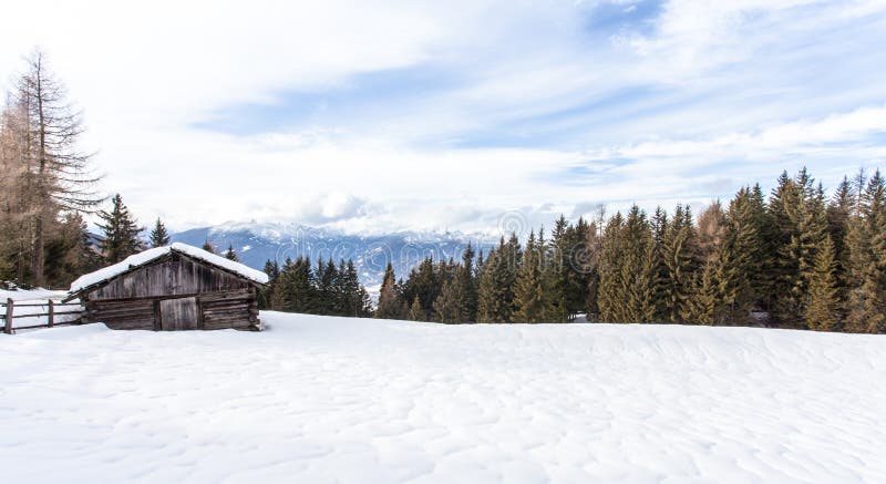 South Tirol Snow Mountains Landscape And Wood Cabin Winter Trav Stock