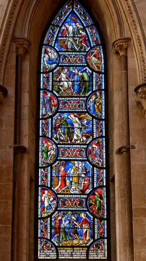 South Transept West Wall Lancet Window. Lincoln, England - Nov 16, 2017: South Transept West Wall Lancet Window, made by John Hardman & Co. 1885 stock image South Transept West Wall Lancet Window. Lincoln, England - Nov 16, 2017: South Transept West Wall Lancet Window, made by John Hardman & Co. 1885 stock image